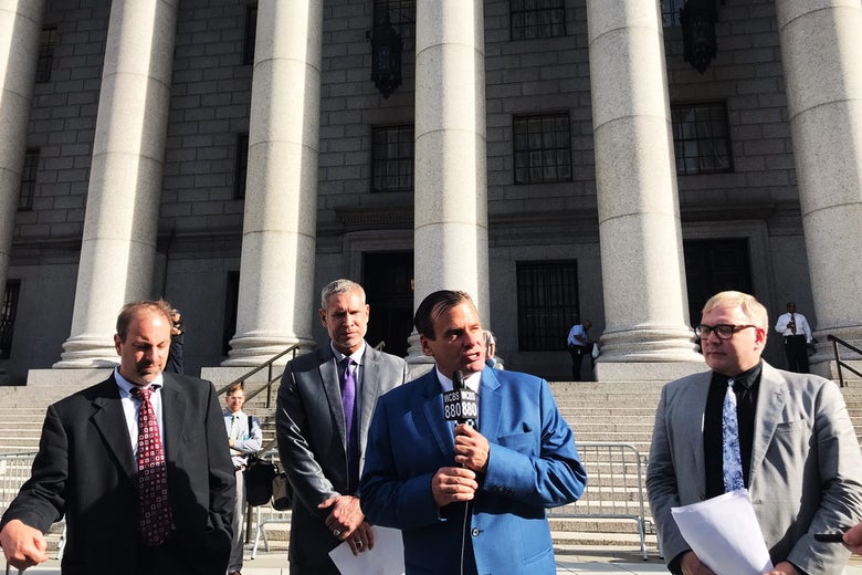 Lambda Legal attorney Greg Nevins speaks in front of the 2nd U.S. Circuit Court of Appeals following arguments in Zarda v. Altitude Express.
